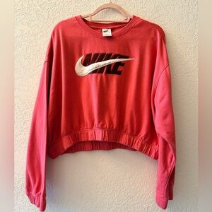 NIKE Cropped Embroidered Swoosh Oversized Fleece Pink Sweater Women’s Sz Large